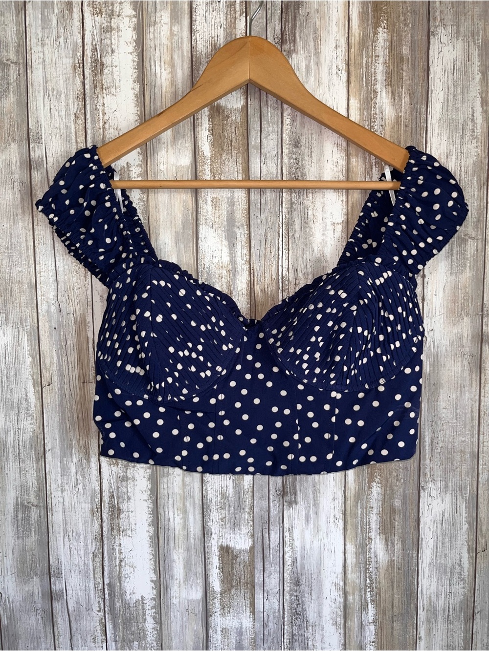 Lulus NWT Navy Polka Dot Pleated Bustier Crop Top Puff Sleeve L - Picture 2 of 6